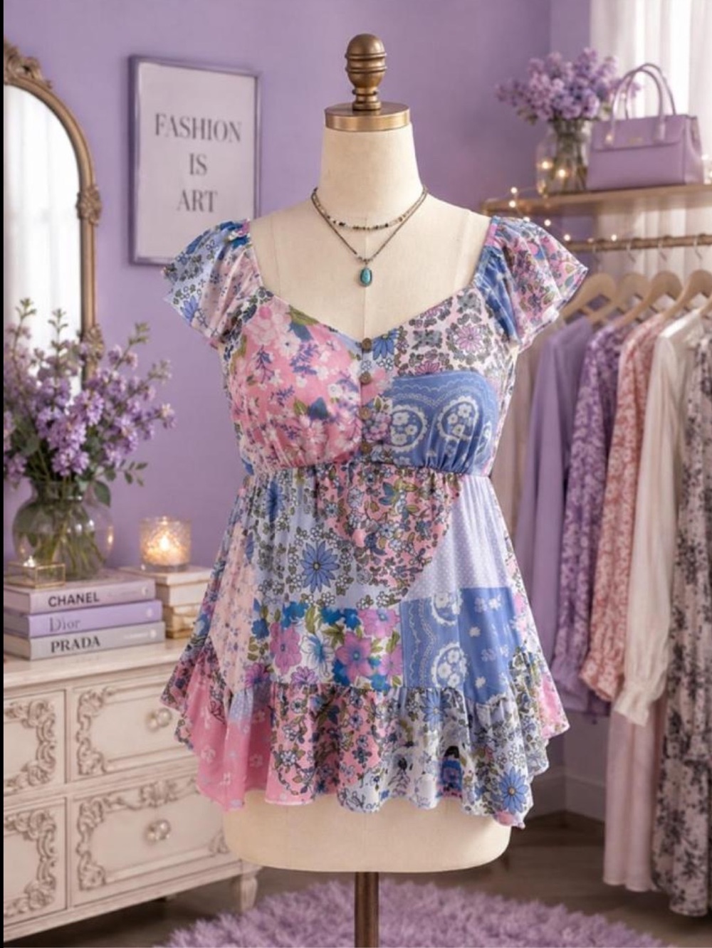 Boho Patchwork Floral babydoll Top - Lavender Pink Blue